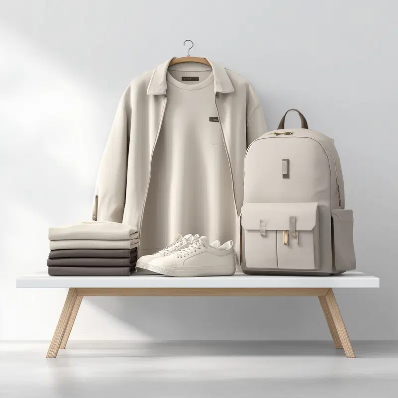 Minimalist display featuring neutral tone clothing and accessories on a bench