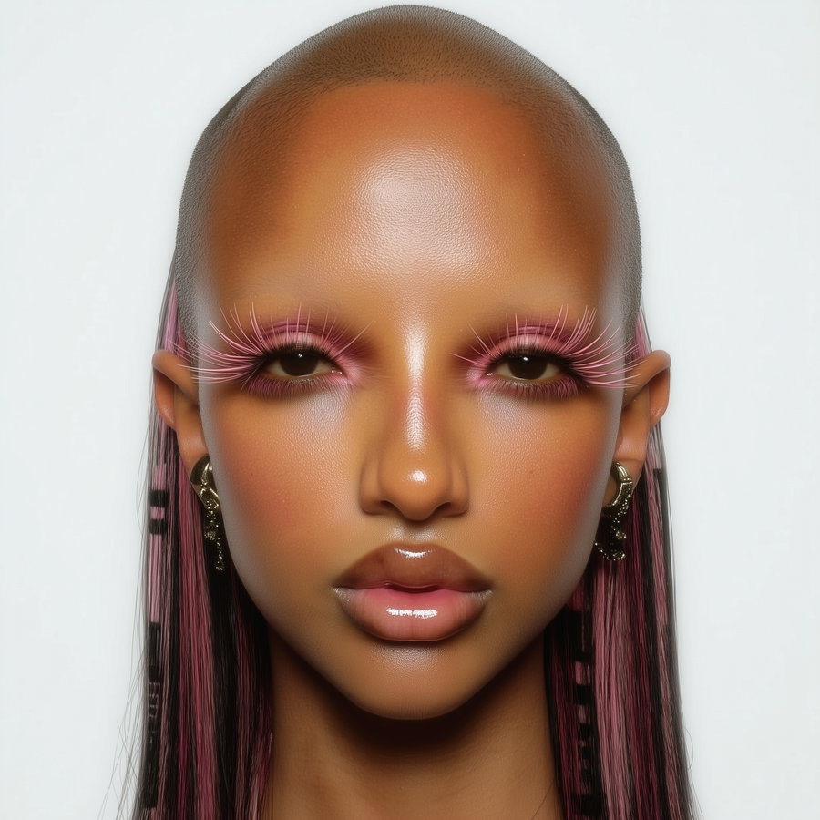 Close-up of a person with a bald head, glossy lips, and long pink and black eyelashes, wearing statement earrings against a plain white background