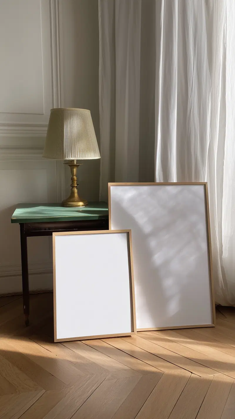 Minimalist interior with empty wooden frames and classic lamp by window