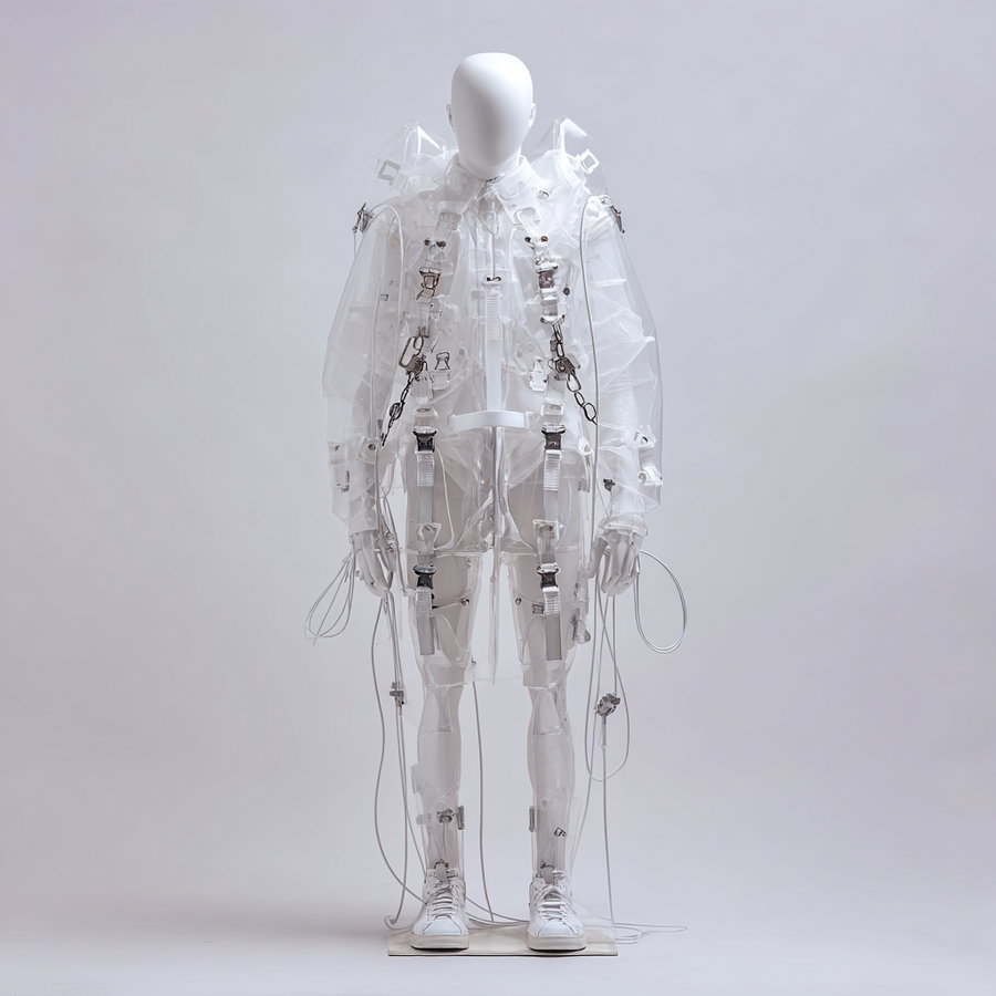 Full-body view of a white mannequin dressed in a transparent jacket with straps and wires against a plain background