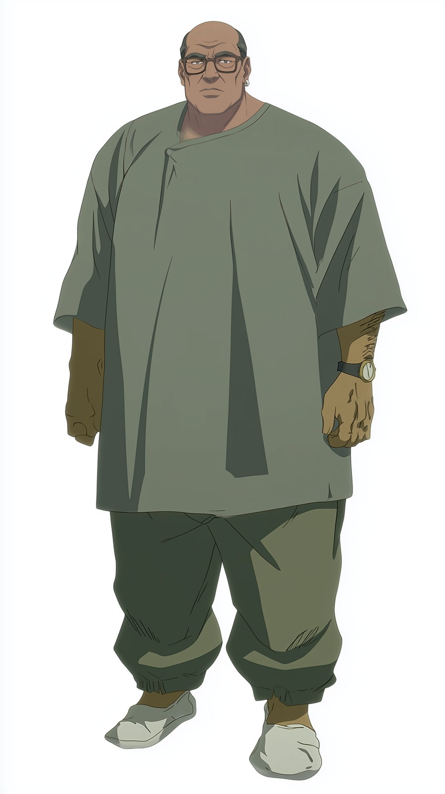 A digitally illustrated large man standing with a serious expression, wearing glasses, an earring, a loose green top, matching pants, white shoes, and a wristwatch, against a white background