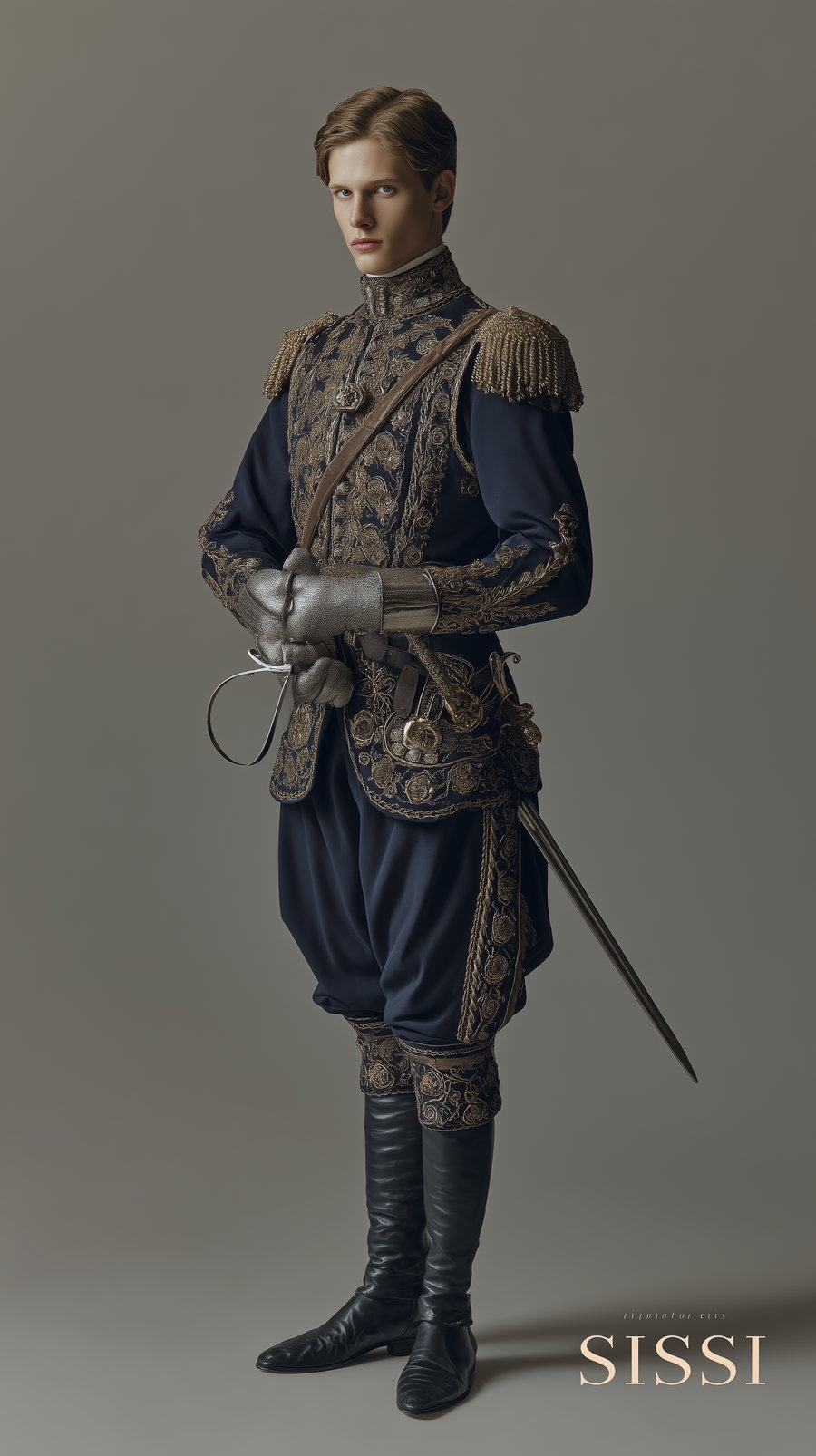 A full-length portrait of a man wearing an ornate blue and gold embroidered military uniform with silver gloves and black boots, holding a sword, on a plain neutral background