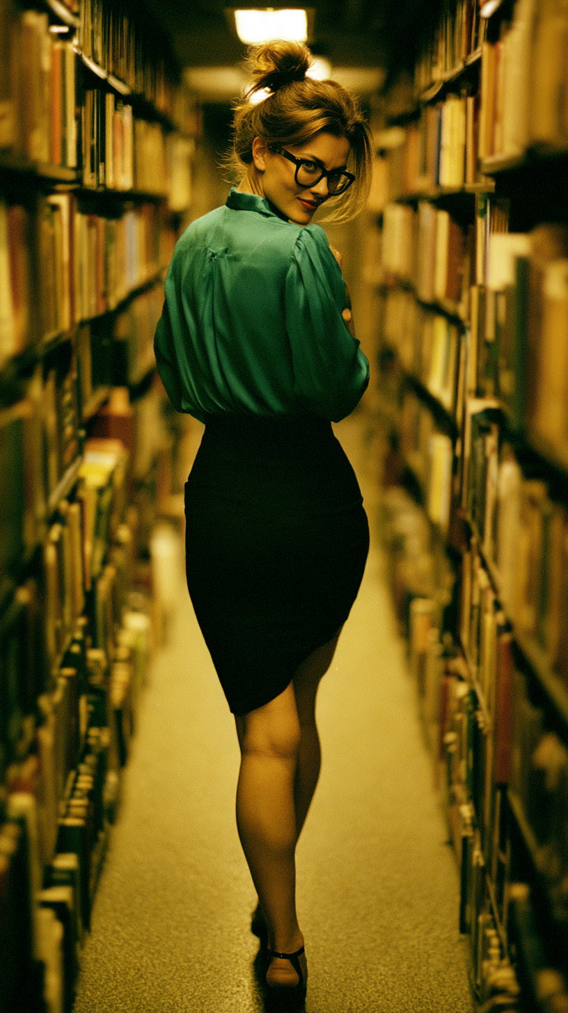 A woman with glasses and a green blouse paired with a black skirt walking down a narrow library aisle flanked by shelves filled with books, looking back over her shoulder