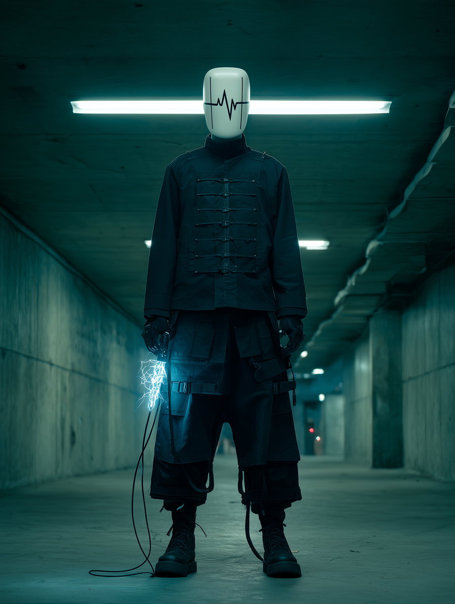 A person dressed in black tactical attire with a white mask displaying a heartbeat line stands in a dimly lit concrete underground tunnel, holding a glowing electric wire.