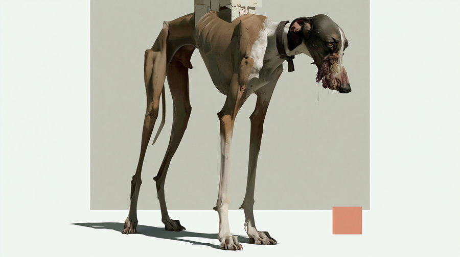 A digital illustration of a very thin dog with detailed textures and shadows, standing on a white surface with a muted rectangular and square color block background.