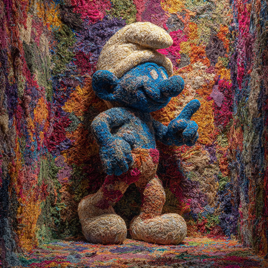 A three-dimensional sculpture of a Smurf made entirely of colorful fabric threads and yarns, set against a vibrant background also crafted from threads