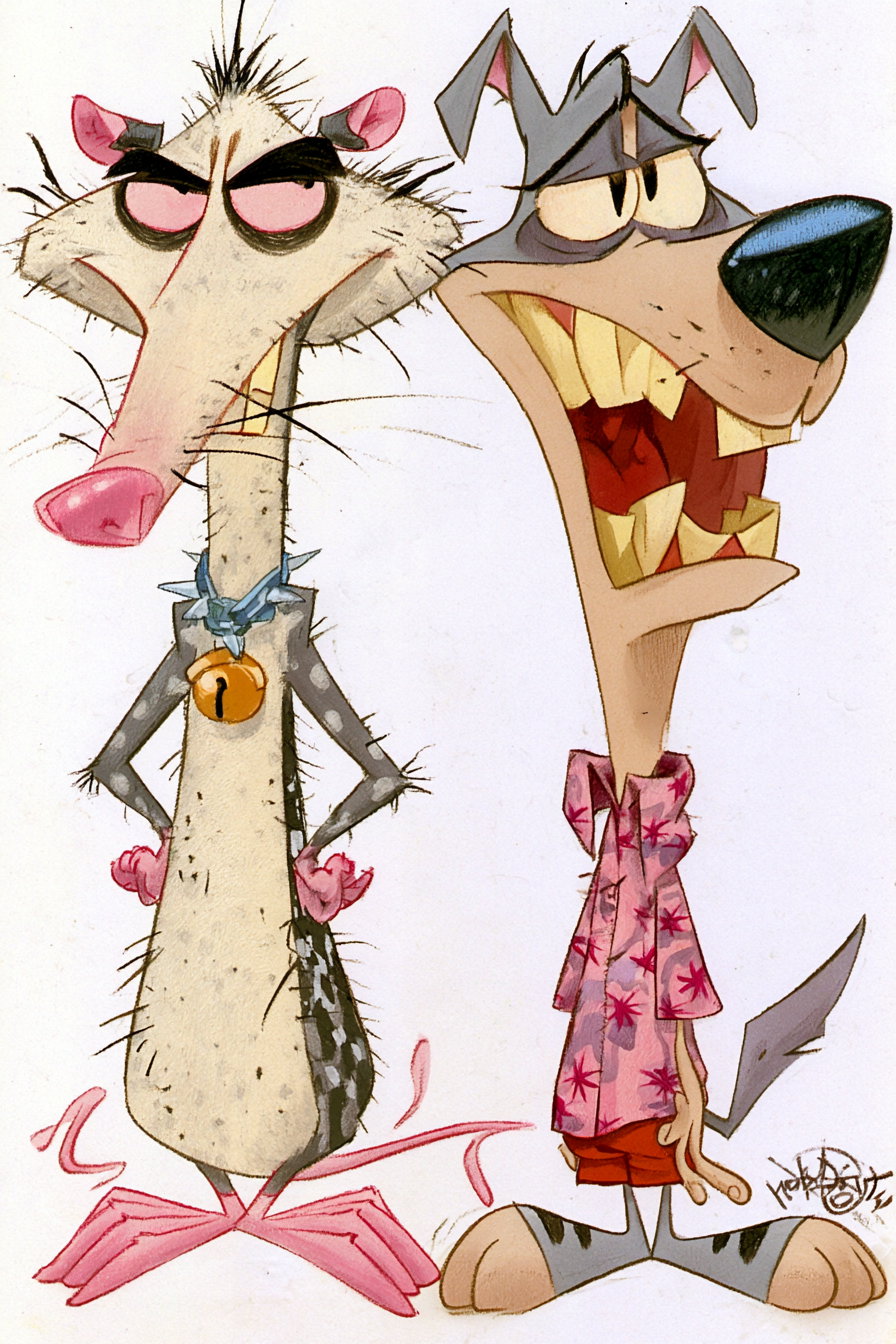 a colorful cartoon illustration featuring an angry-looking rat with a collar and a wolf wearing a pink floral shirt and orange shorts
