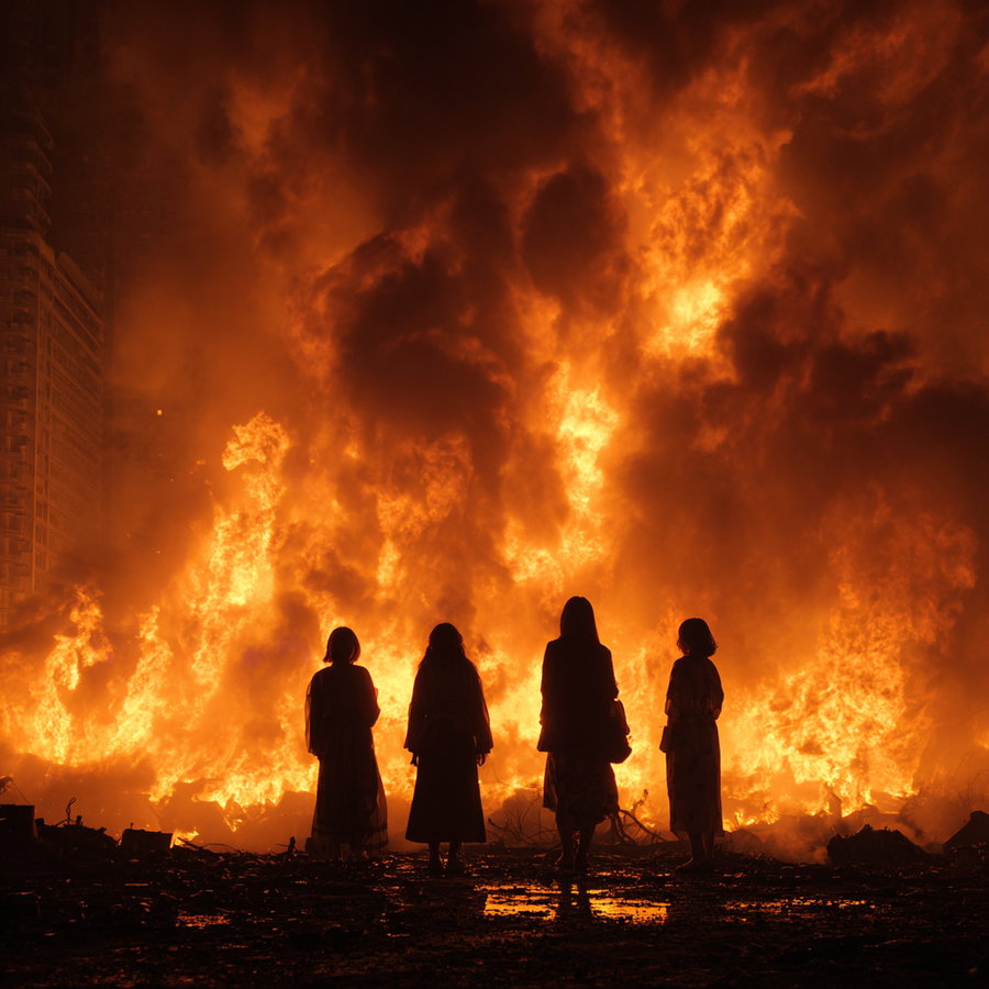 Four people silhouetted against intense orange flames and smoke in a dark outdoor setting