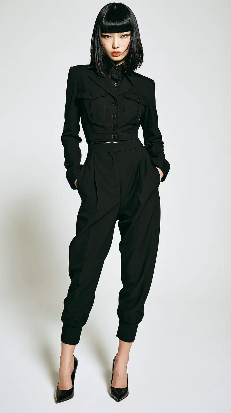 High fashion portrait of a woman in contemporary black tailored outfit