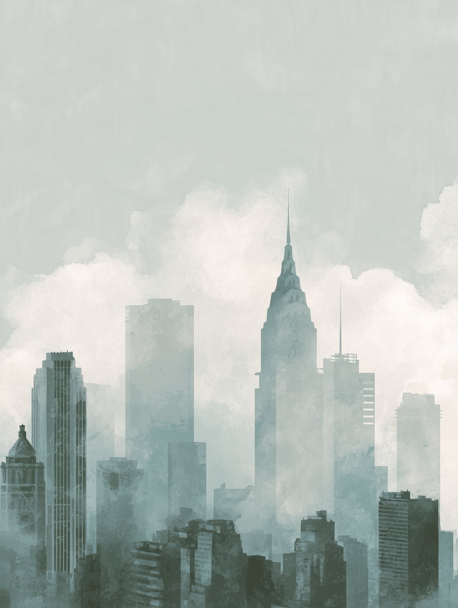 Digital painting of a foggy city skyline with skyscrapers blending into misty clouds