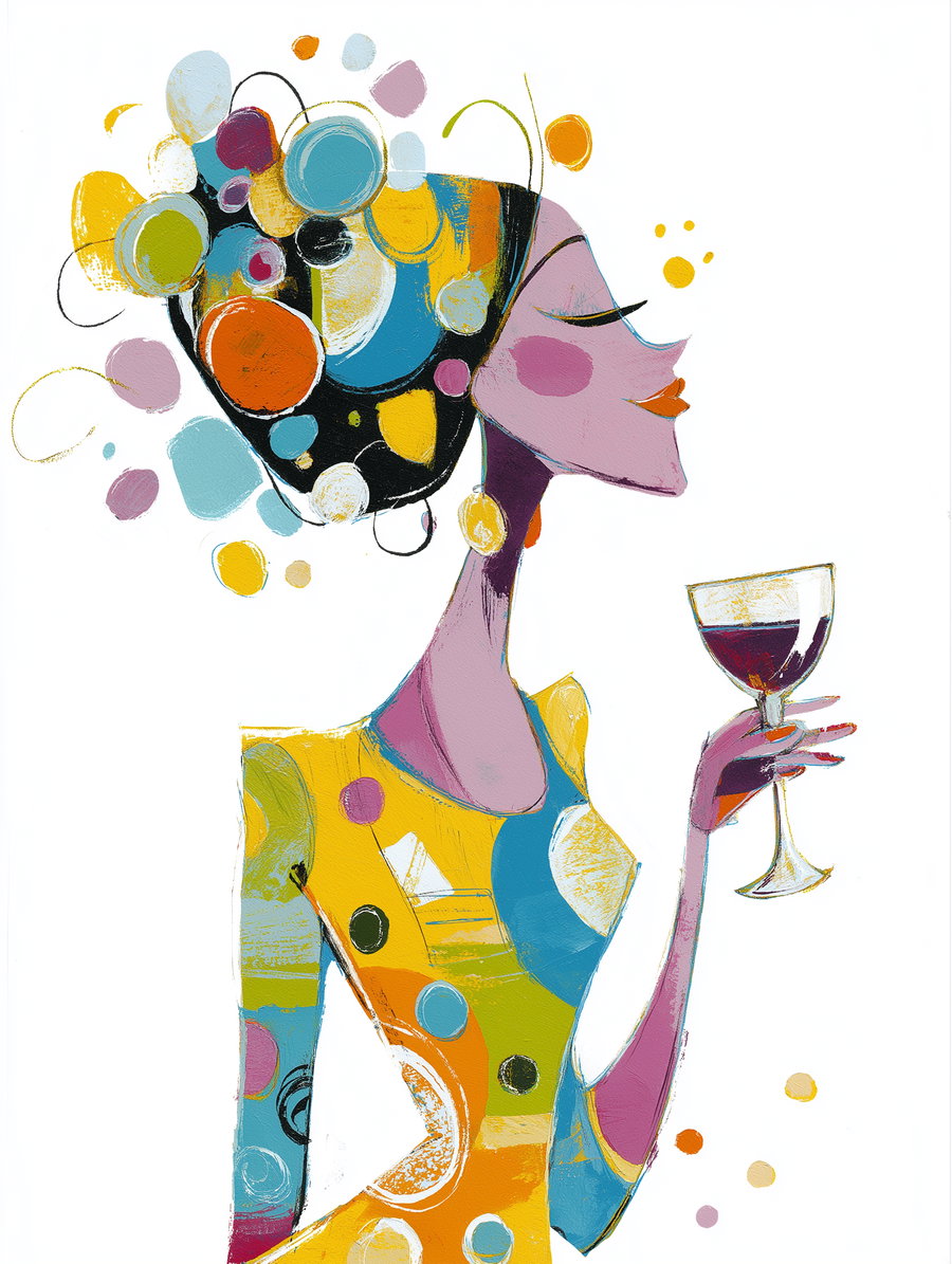 Abstract painting of a woman with colorful circular shapes in her hair and wearing a multicolored dress, holding a glass of red wine, with a white background