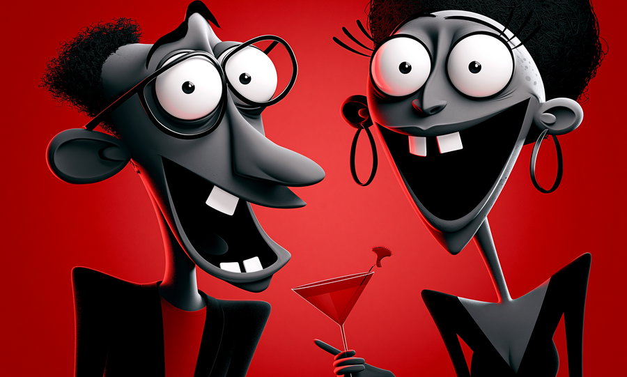 A black and white digital caricature of two people with large eyes and big smiles on a red background, one holding a cocktail glass