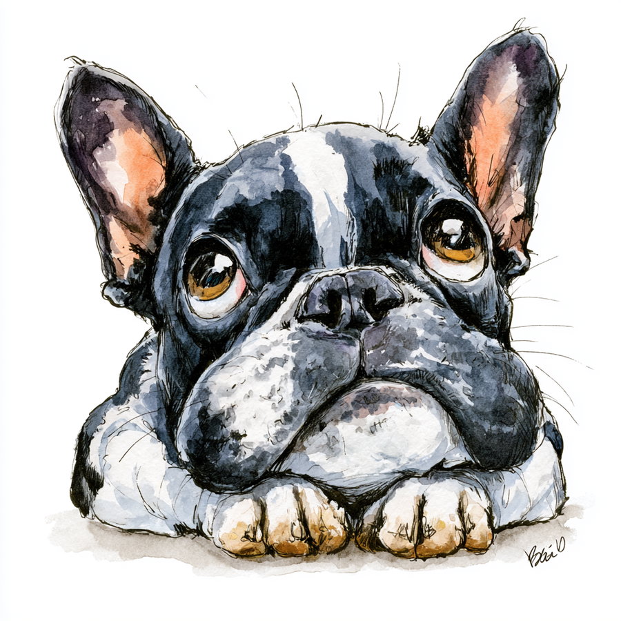 Watercolor art depicting a close-up of a black and white French Bulldog lying down with big ears and soulful eyes on a white background