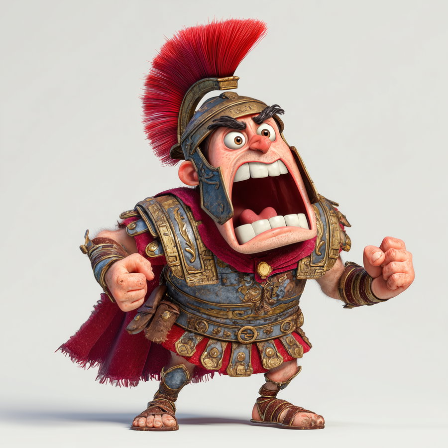 A cartoon Roman soldier character wearing detailed blue and gold armor, a red cape, and a red plume helmet, shouting with fists clenched, on a white background.