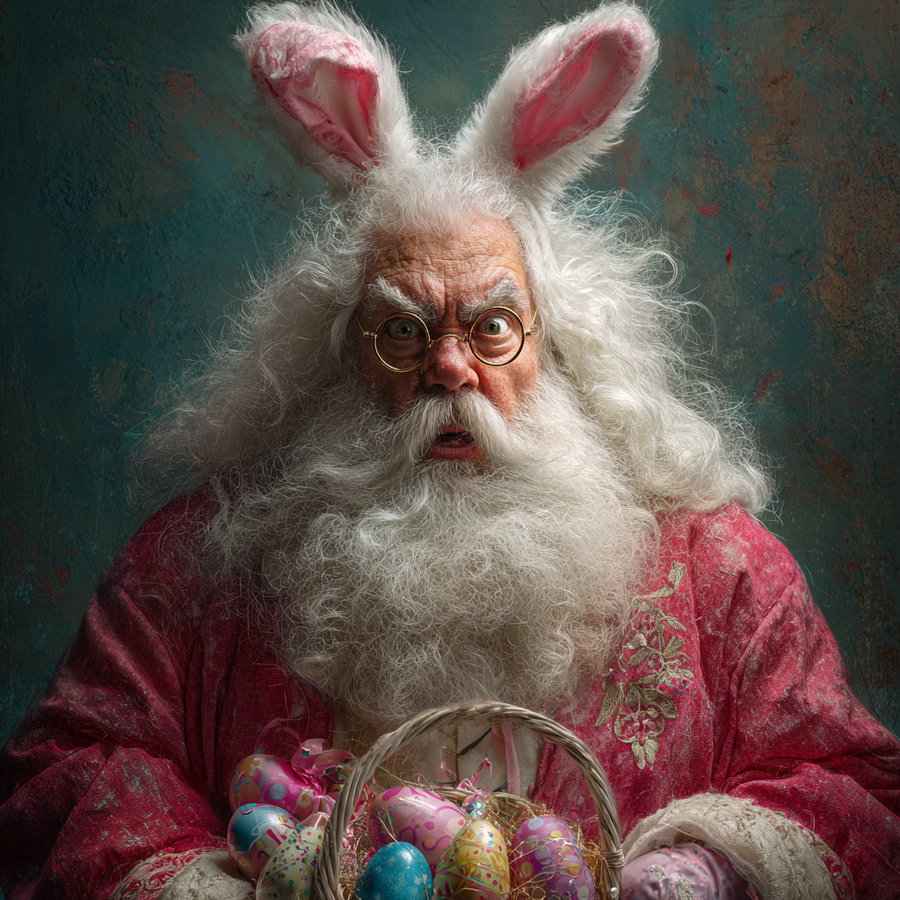 A portrait of an older man with a long white beard and glasses, wearing pink bunny ears and a red embroidered robe while holding a basket of colorful Easter eggs against a textured teal background