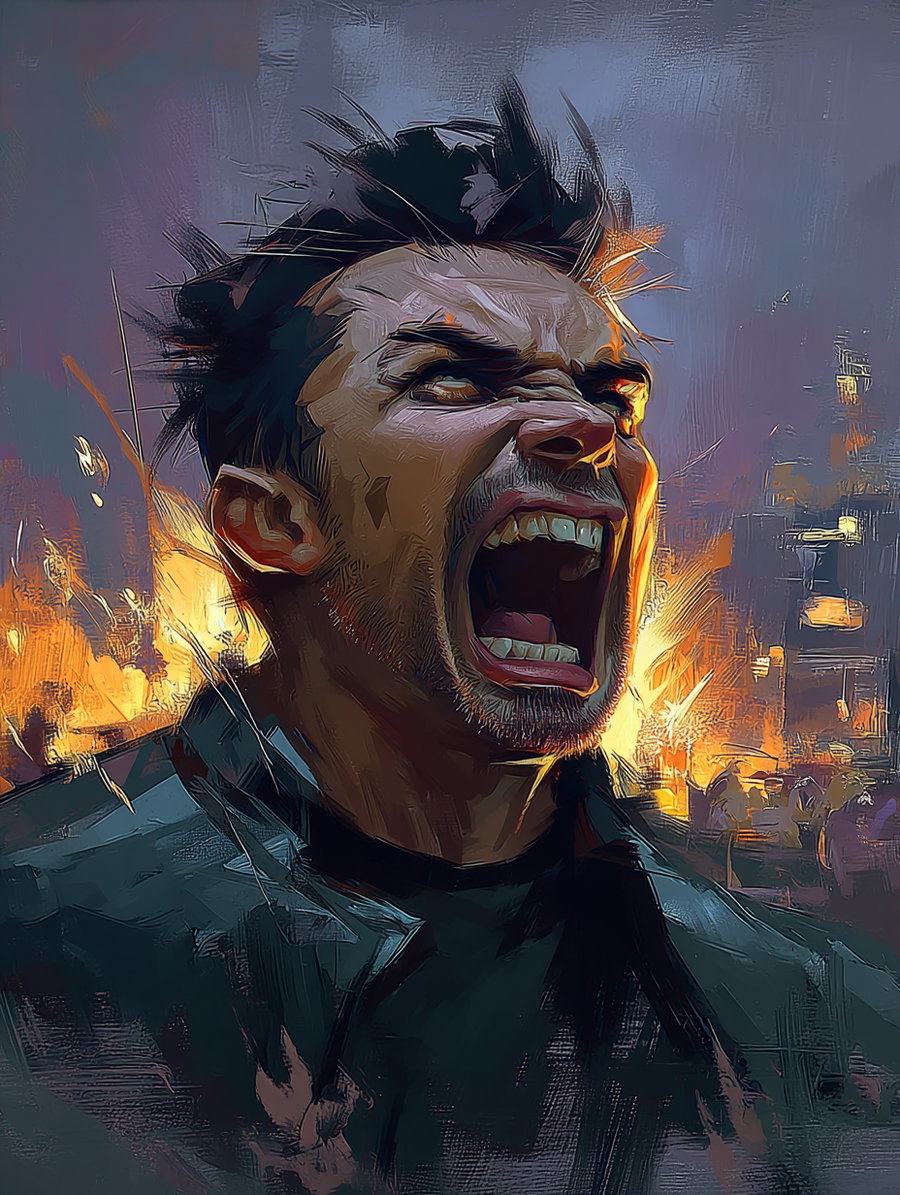 Digital painting of a man with dark hair shouting, with abstract flames and sparks behind him, executed in a dramatic and textural style