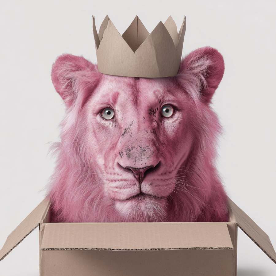 A surreal image of a pink lion with a paper crown sitting inside an open cardboard box against a plain light background