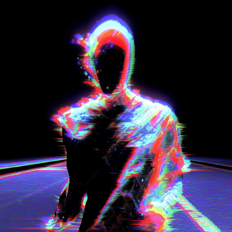 An abstract digital illustration of a faceless hooded figure with glitch effects in bright red, blue, and green hues on a dark background