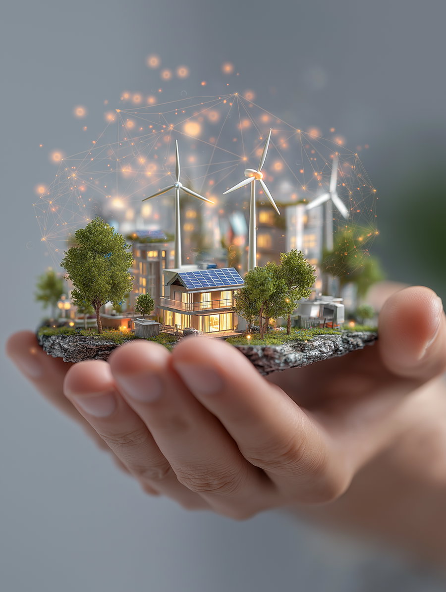 A hand holding a miniature futuristic city model featuring buildings with illuminated windows, wind turbines, solar panels, and trees, all surrounded by digital network light effects.