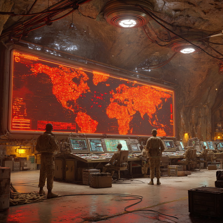 A spacious underground command center with a large digital screen displaying a bright red world map and several soldiers monitoring multiple computer screens.