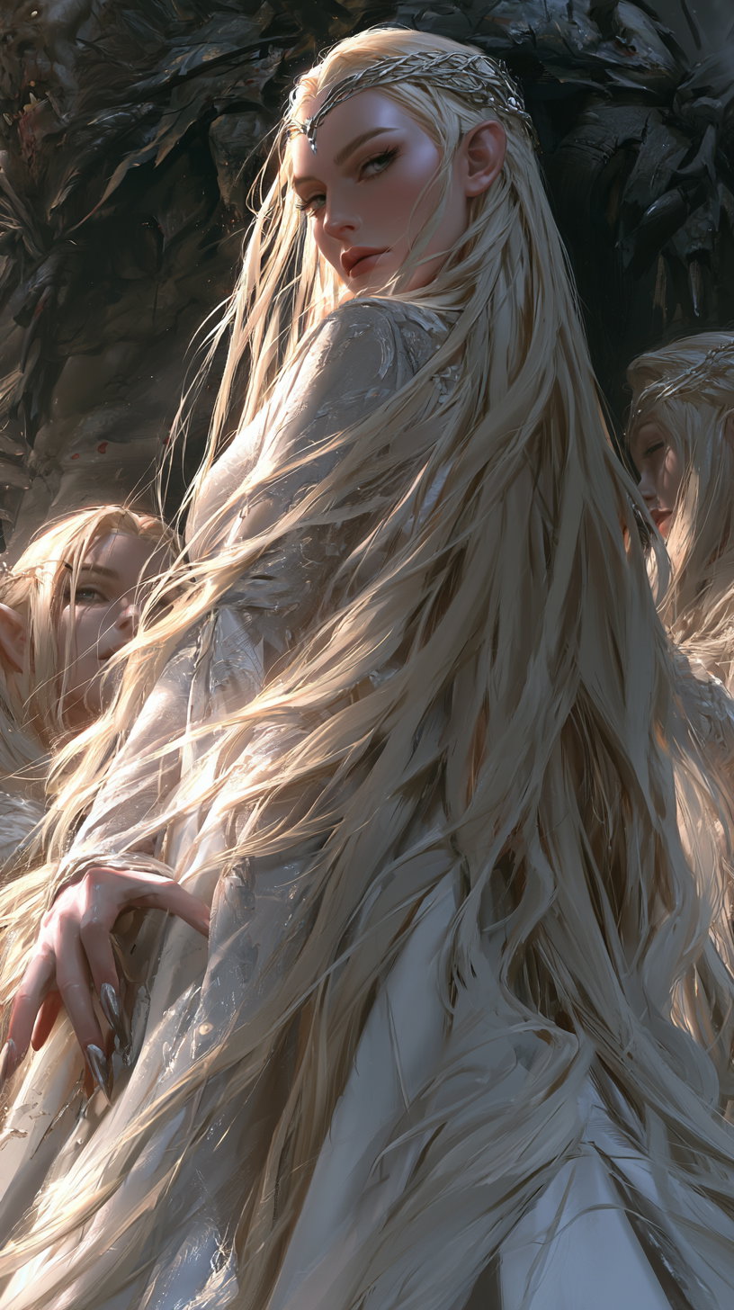 A fantasy artwork of a blonde elf woman with long flowing hair, wearing a silver crown and silver dress, looking over her shoulder with two other similarly adorned elves in the background.
