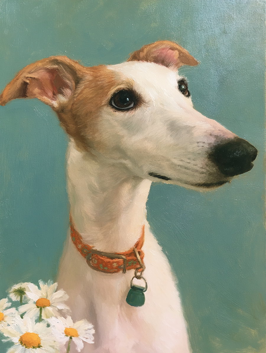 Oil painting of a white dog with brown ears and a red collar, holding a bunch of white daisies against a blue background