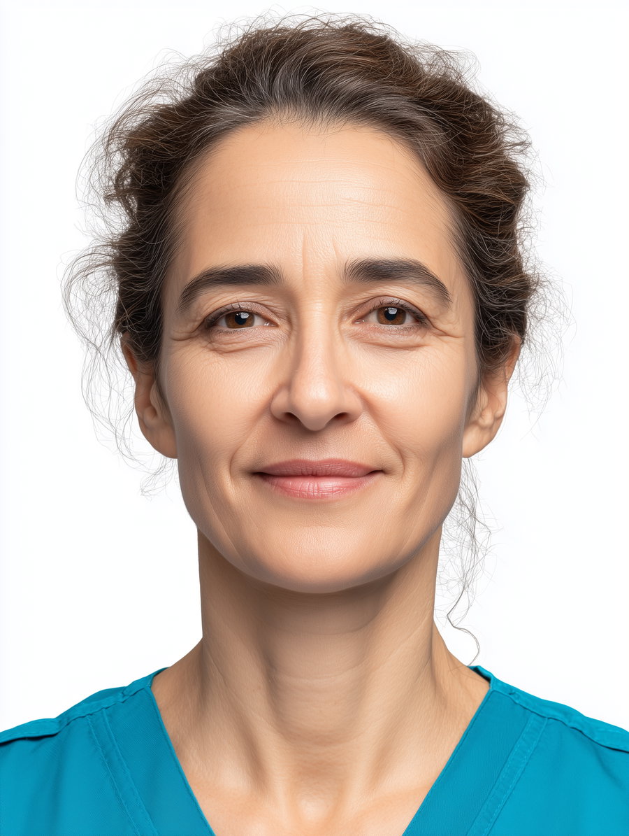 Close-up image of a middle-aged woman with brown eyes, light makeup, and brown hair tied back, wearing a teal blue garment, against a white background.