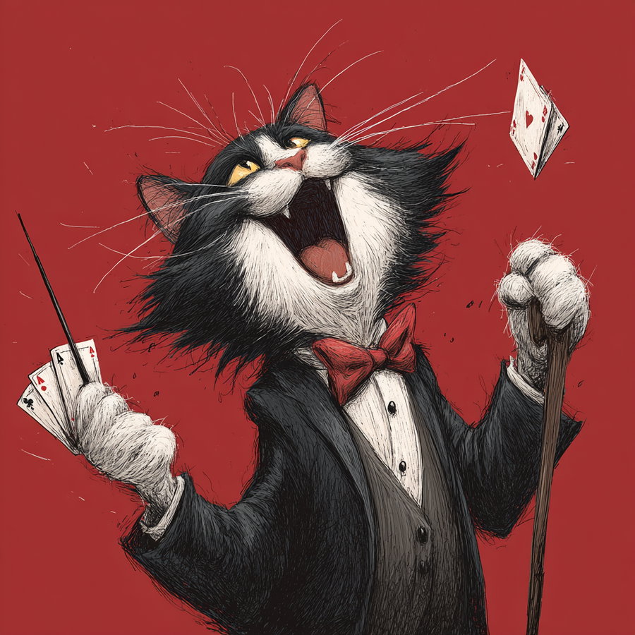 A detailed drawing of a black and white tuxedo cat wearing a black tuxedo with a red bow tie, holding a magic wand and a cane, with playing cards floating near its paw against a red background