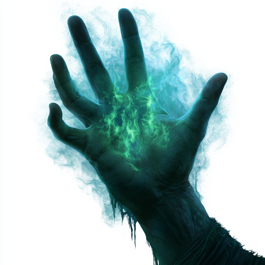 A dark-colored human hand with glowing green smoke or energy emanating from its palm, set against a white background