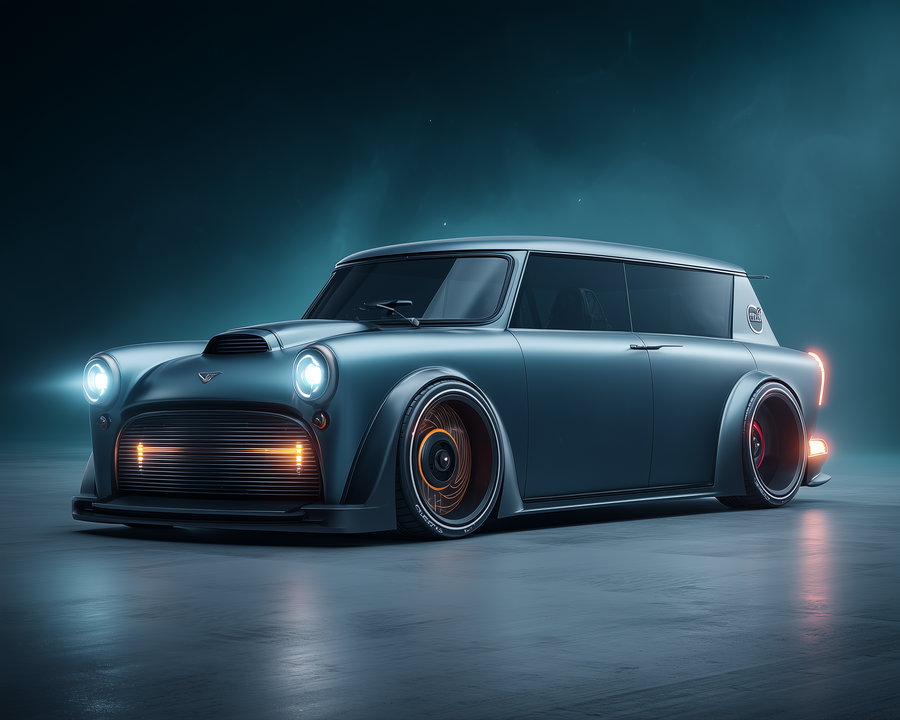 A low angle front side view of a futuristic vintage car with matte blue paint, round headlights, wide tires, and modernized detailing against a misty blue background.