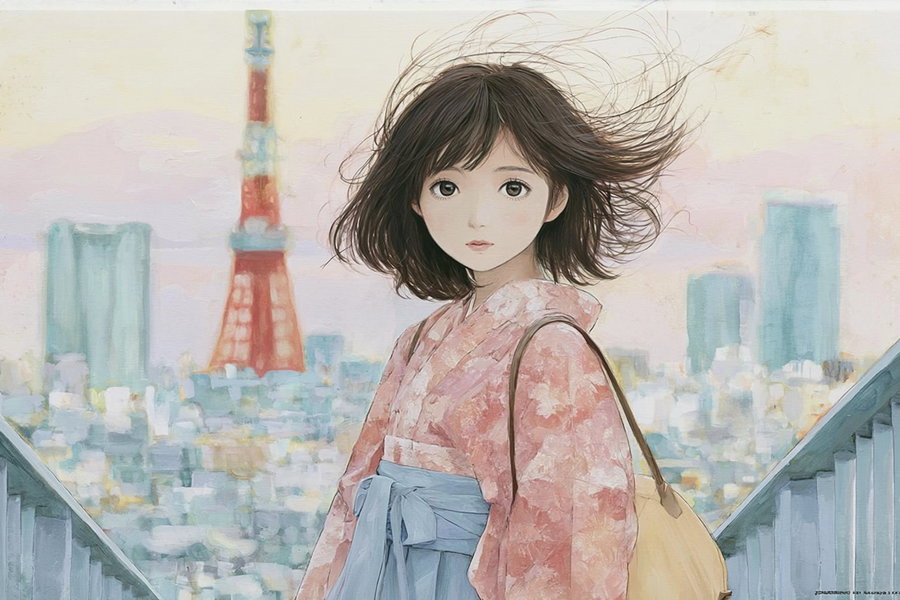 A painted portrait of a young woman with short flowing hair wearing a pink floral kimono with a blue sash, set against a soft cityscape background with a red and white tower.