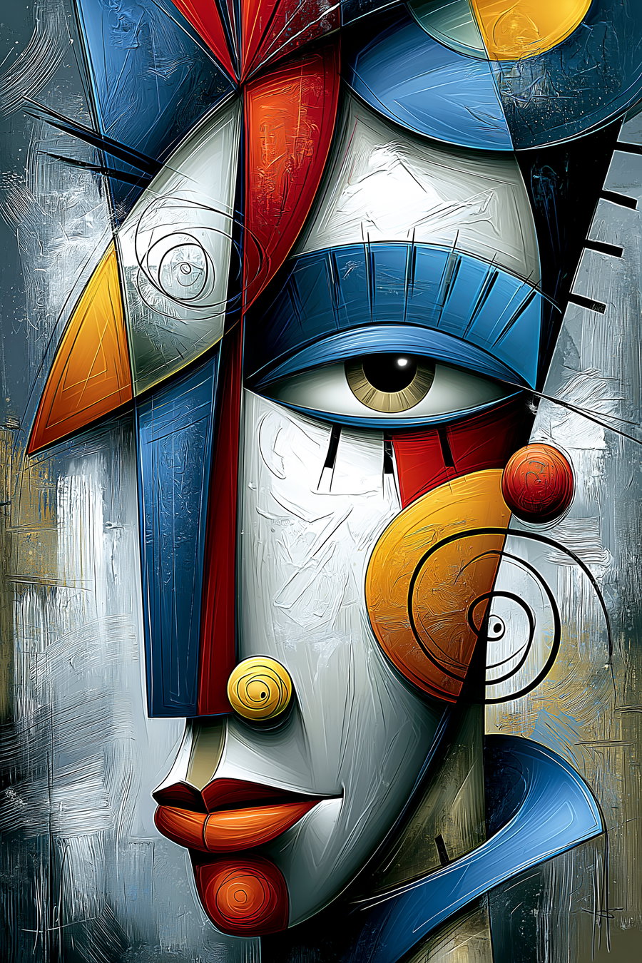 Abstract artistic illustration of a stylized face composed of geometric shapes in blue, red, orange, yellow, and gray tones with textured brushstroke background