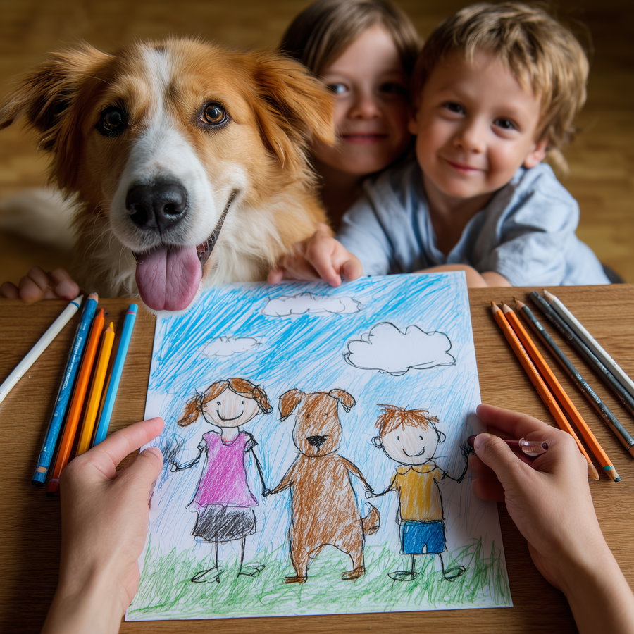 A dog with its tongue out next to two children looking at a colorful hand-drawn picture of a dog and two kids holding hands with colored pencils on either side