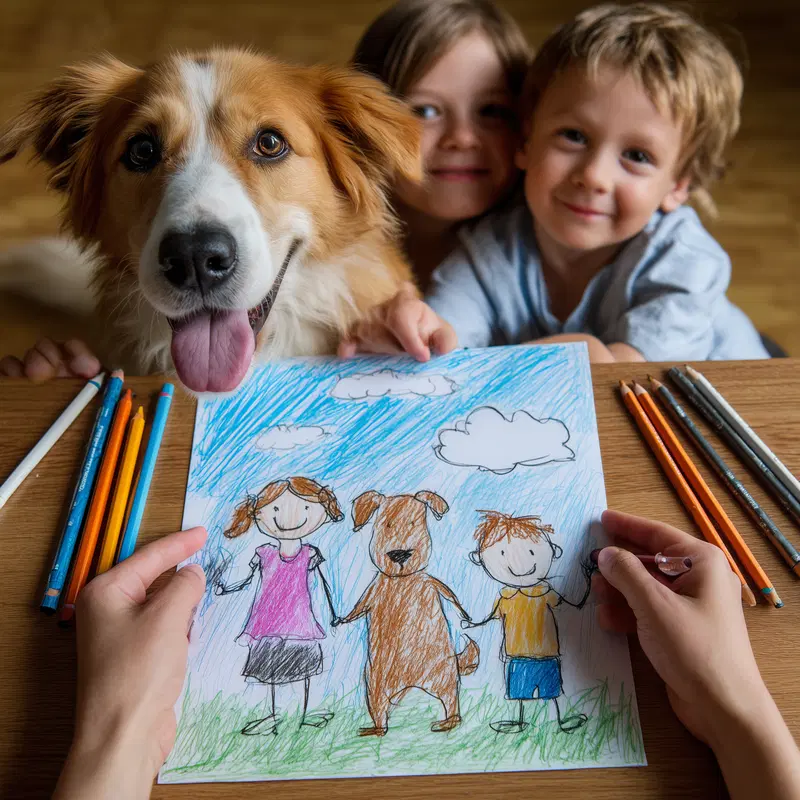 Children's colorful drawing of a dog with kids held by a happy dog
