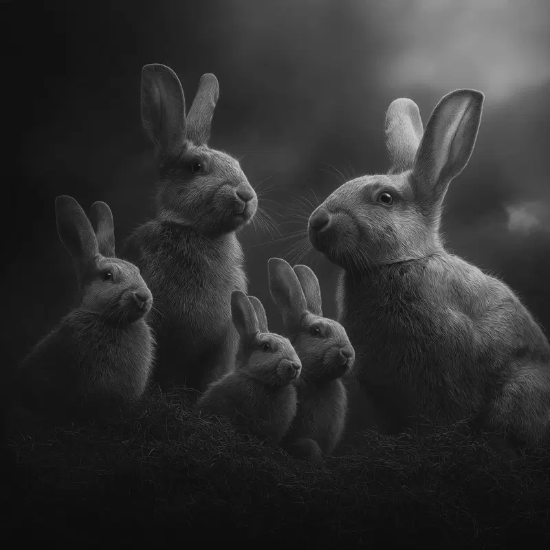 Monochrome Artistic Illustration of a Family of Rabbits in a Dark Setting