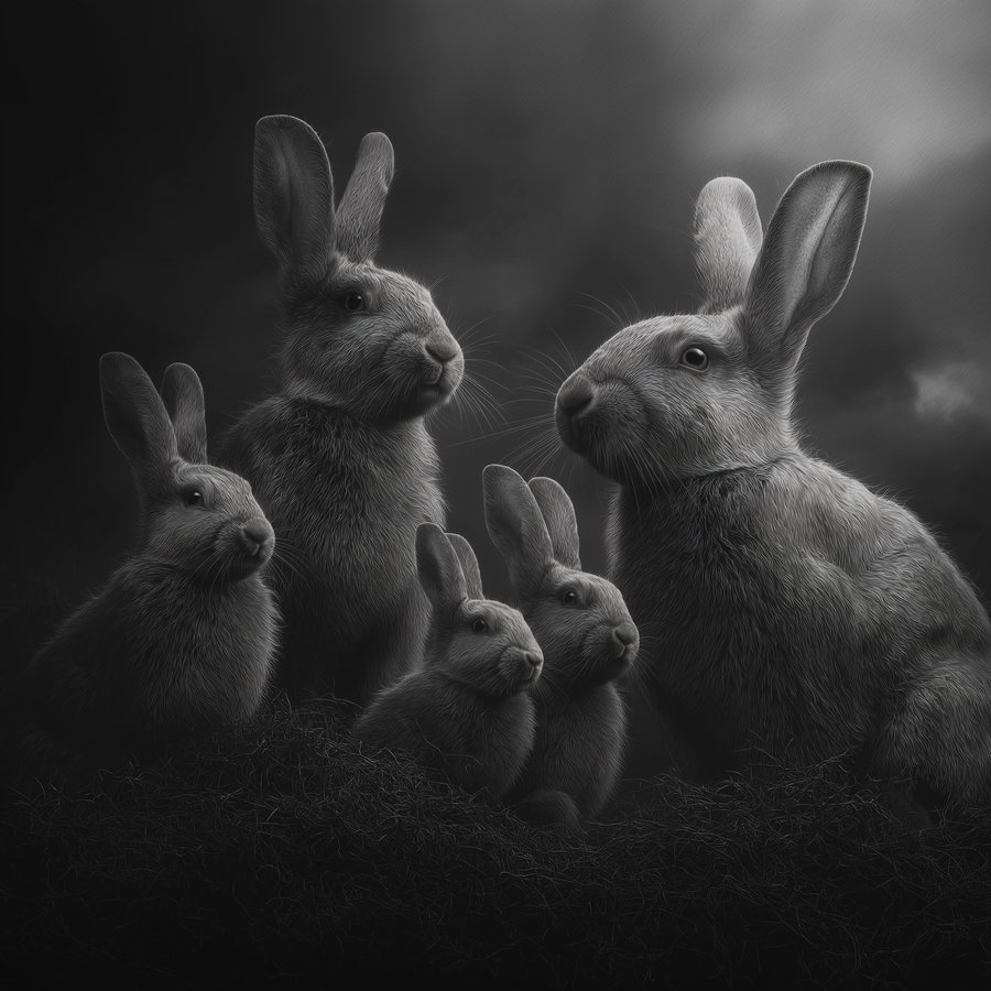 Detailed black and white digital artwork featuring a group of six rabbits with textured fur, positioned closely together against a dark, cloudy background