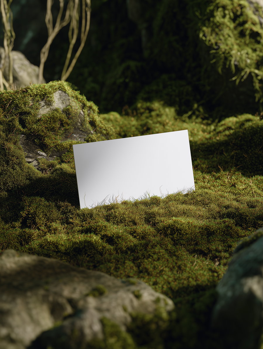 A blank white rectangular card standing on dense green moss with rocks and blurred forest background