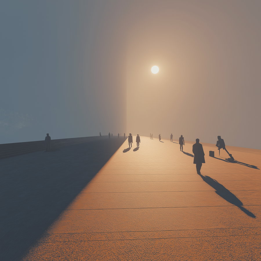 Silhouetted people walking on a textured surface divided into light and shadow with a bright sun in the sky