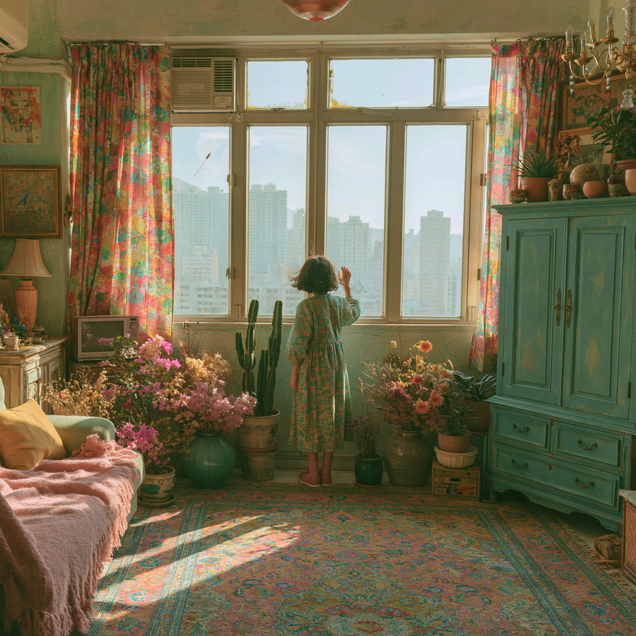 A cozy room with floral curtains, a teal distressed cabinet, potted plants, and a girl in a floral dress looking out the window at city buildings