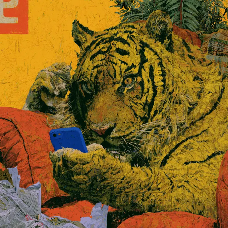 Artistic depiction of a tiger holding a phone on a red couch