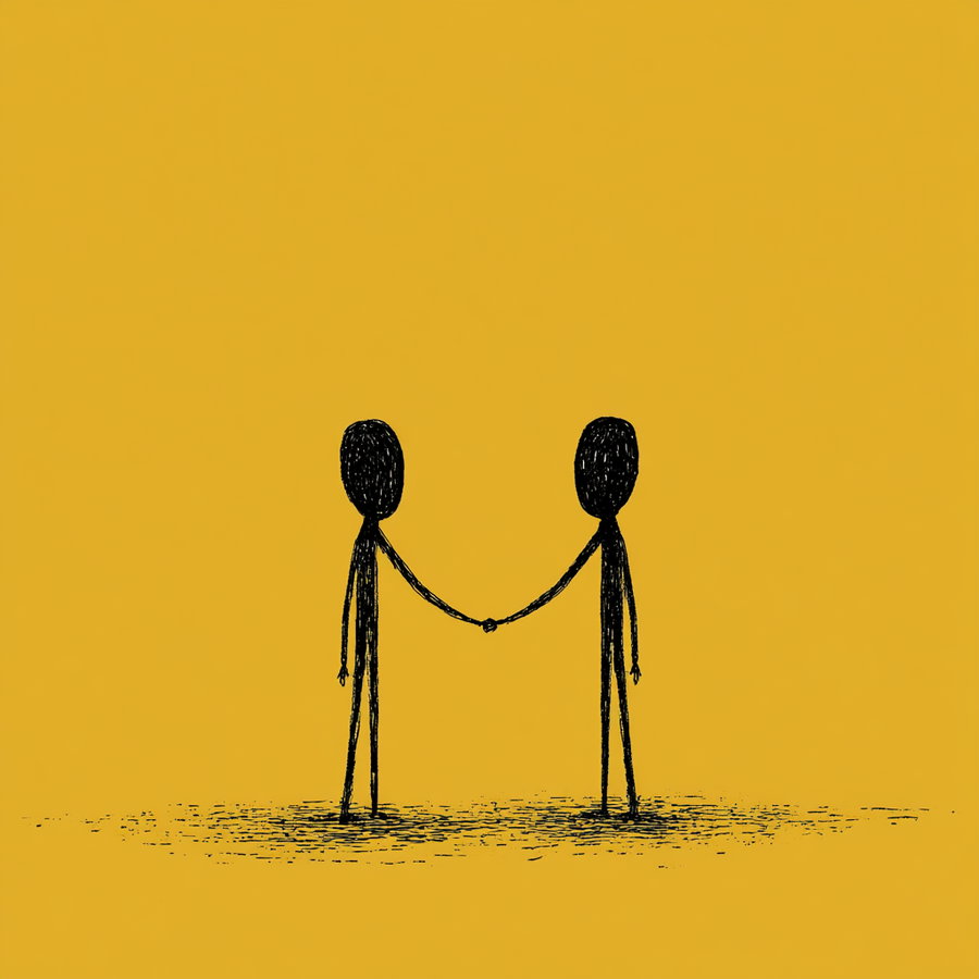 A simple black line drawing of two stick figures with textured heads shaking hands against a solid mustard yellow background