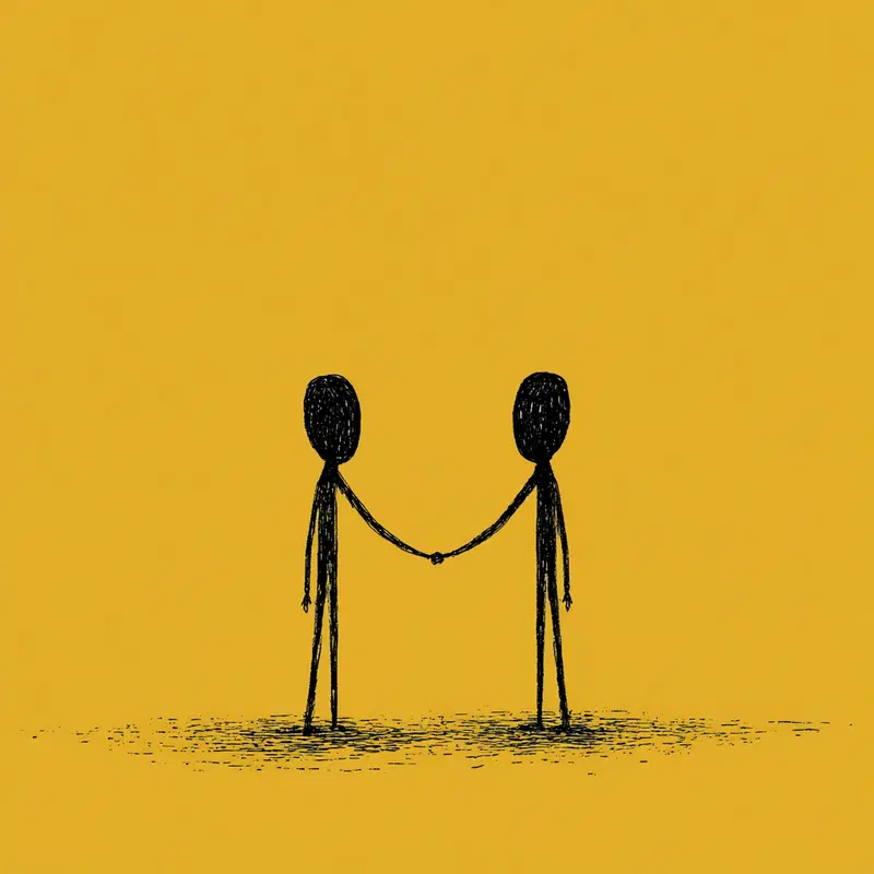 Minimalist drawing of two stick figures shaking hands on mustard background