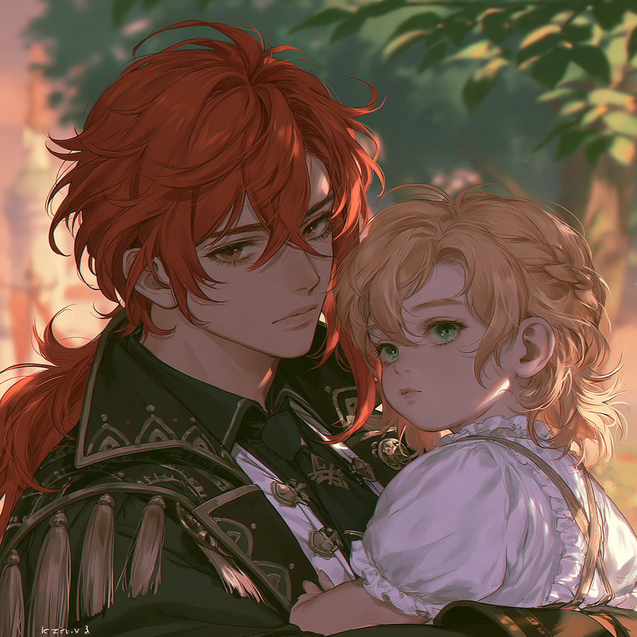 Digital painting of a young adult with red hair holding a blonde child in white clothing, set against a softly blurred outdoor background with green foliage and warm light