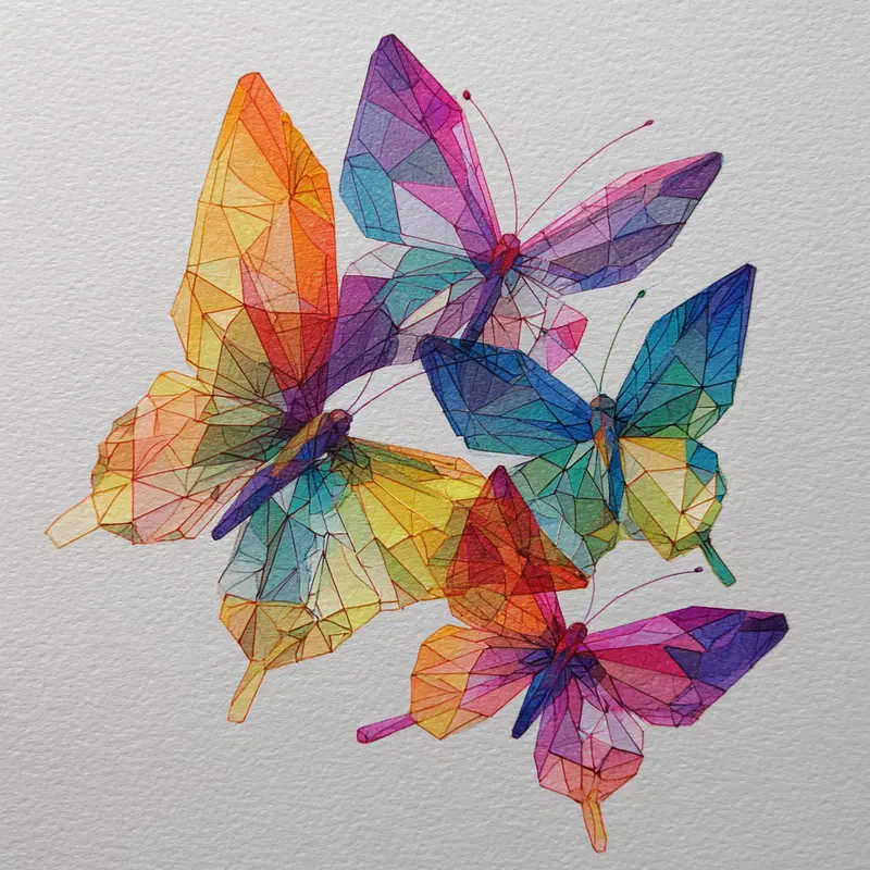 Vibrant geometric watercolor painting of four multicolored butterflies