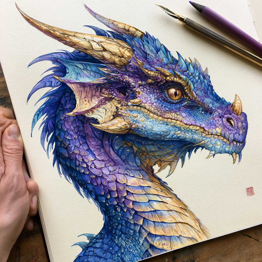 A close-up watercolor painting of a blue and gold dragon head with intricate scales, golden eyes, and sharp horns on textured paper, held by a left hand with painting pens nearby