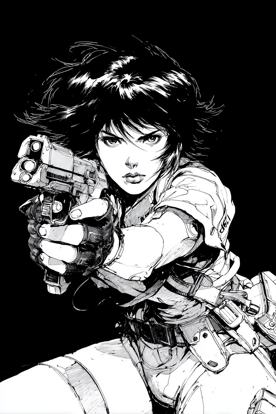 Black and white detailed drawing of a woman with short hair aiming a pistol directly at the viewer, wearing tactical gear