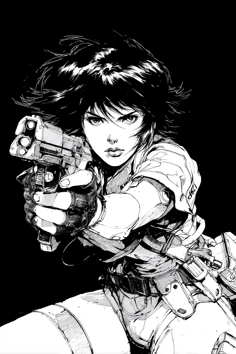 Dynamic black and white illustration of a fierce woman aiming a gun