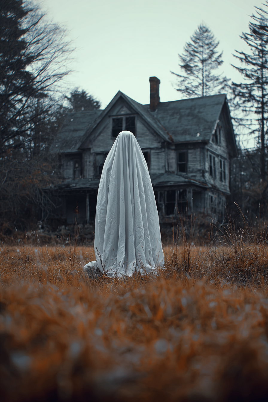 Figure covered in white sheet resembling a ghost standing in front of old, dilapidated house surrounded by dry grass and bare trees