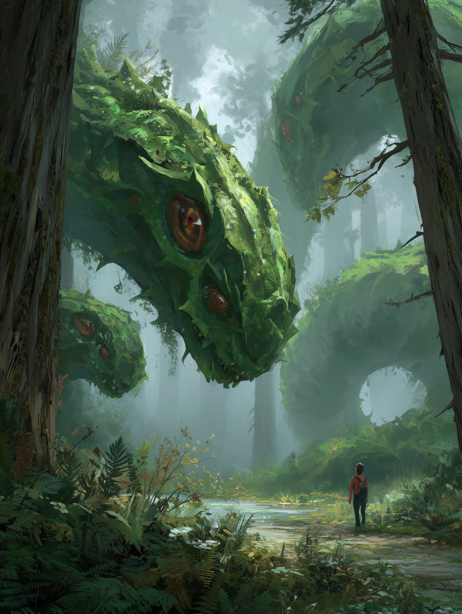 A person standing in a misty forest looking at massive reptilian creatures covered in moss and foliage among trees and plants
