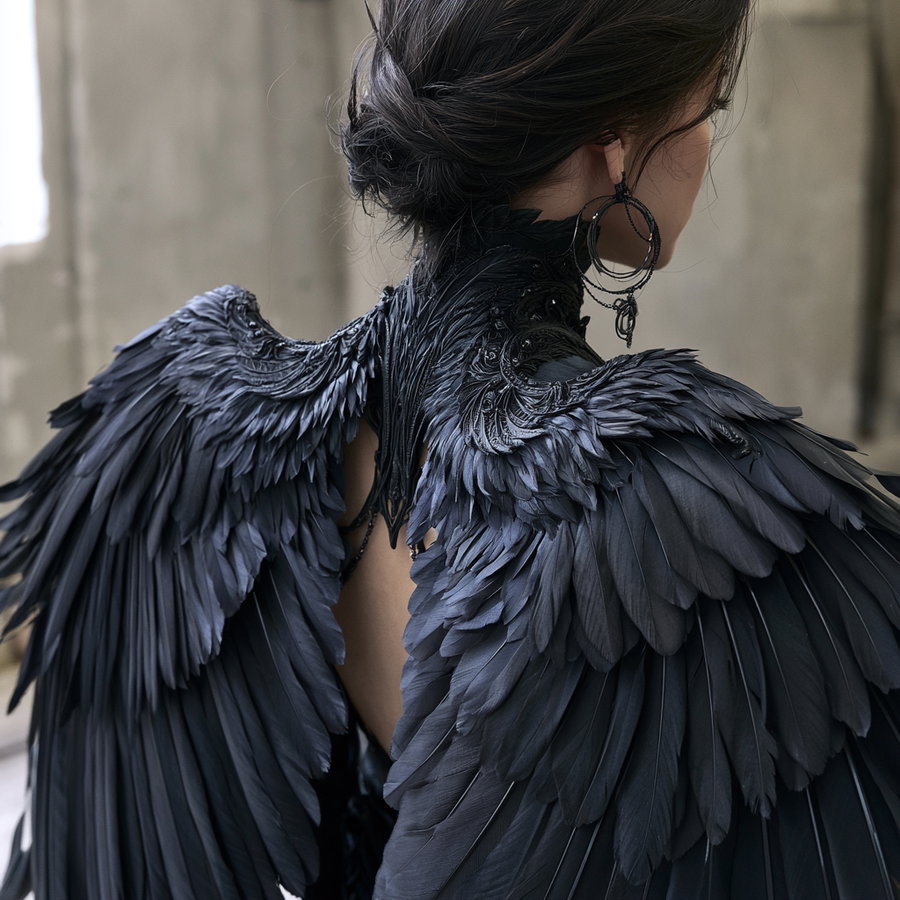 Close-up of a person wearing a detailed costume with dark feathered wings and intricate neck design, showing the back and side profile with hair tied up and dark earrings